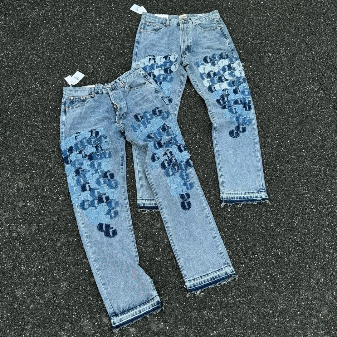 -Size upper body P286#G77 GALLERY DEPT.G letter patch pudding 5001 denim washed and distressed spliced jeans -Original purchase and pattern making to truly restore the ultimate vintage texture -Original hardware accessories, washed and other elevators, QR code analysis are all purchased from the original factory, high degree of restoration, you are welcome to compare with a certain product~ -Three-dimensional version Loose and comfortable, not picky about the figure, taller and slimmer, factory Seiko, original factory quality control, same style for men and women, can be matched with couples Versatile recommendation: must-have jeans for all seasons Color: blue Size: S-XXL (28-36)